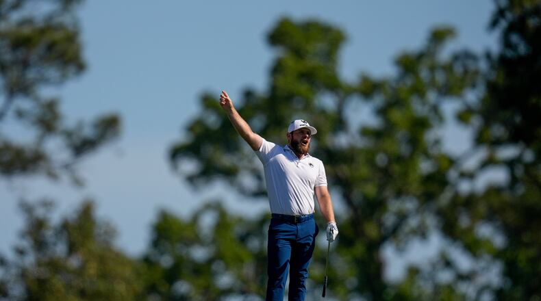 Tyrrell Hatton, of England, reacts to his shot on the second hole during the second round of the Masters golf tournament at the Augusta National Golf Club, Friday, April 10, 2026, in Augusta, Ga. (AP Photo/Eric Gay)