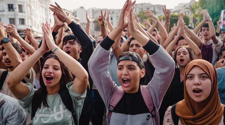 FILE - People protest against corruption and calling for healthcare and education reform, in Casablanca, Morocco, Oct. 2, 2025. (AP Photo, File)