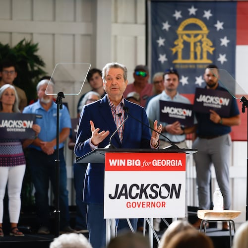 Republican gubernatorial candidate Rick Jackson — pictured speaking during a campaign rally in Cleveland on Thursday, July 16, 2026 — recently stopped to eat at Atlanta restaurant Toast on Lenox. The business owners were pictured posing with Jackson, and people on social media began advocating for a boycott of the restaurant, prompting the owners to post on social media that the visit and photo should not be considered a political endorsement. (Arvin Temkar/AJC)
