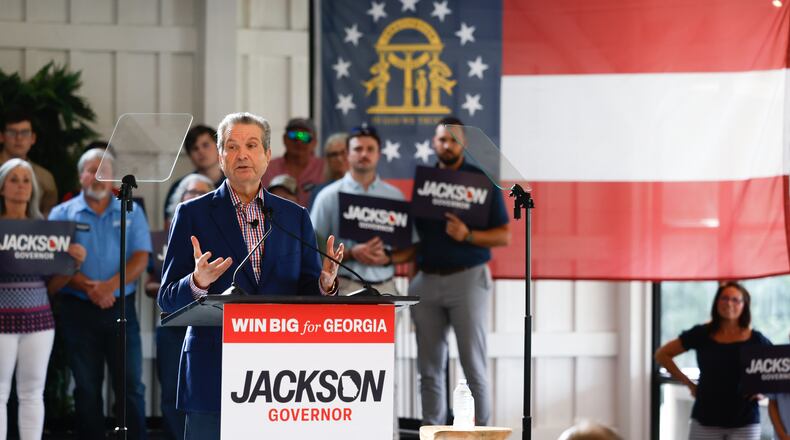Republican gubernatorial candidate Rick Jackson — pictured speaking during a campaign rally in Cleveland on Thursday, July 16, 2026 — recently stopped to eat at Atlanta restaurant Toast on Lenox. The business owners were pictured posing with Jackson, and people on social media began advocating for a boycott of the restaurant, prompting the owners to post on social media that the visit and photo should not be considered a political endorsement. (Arvin Temkar/AJC)