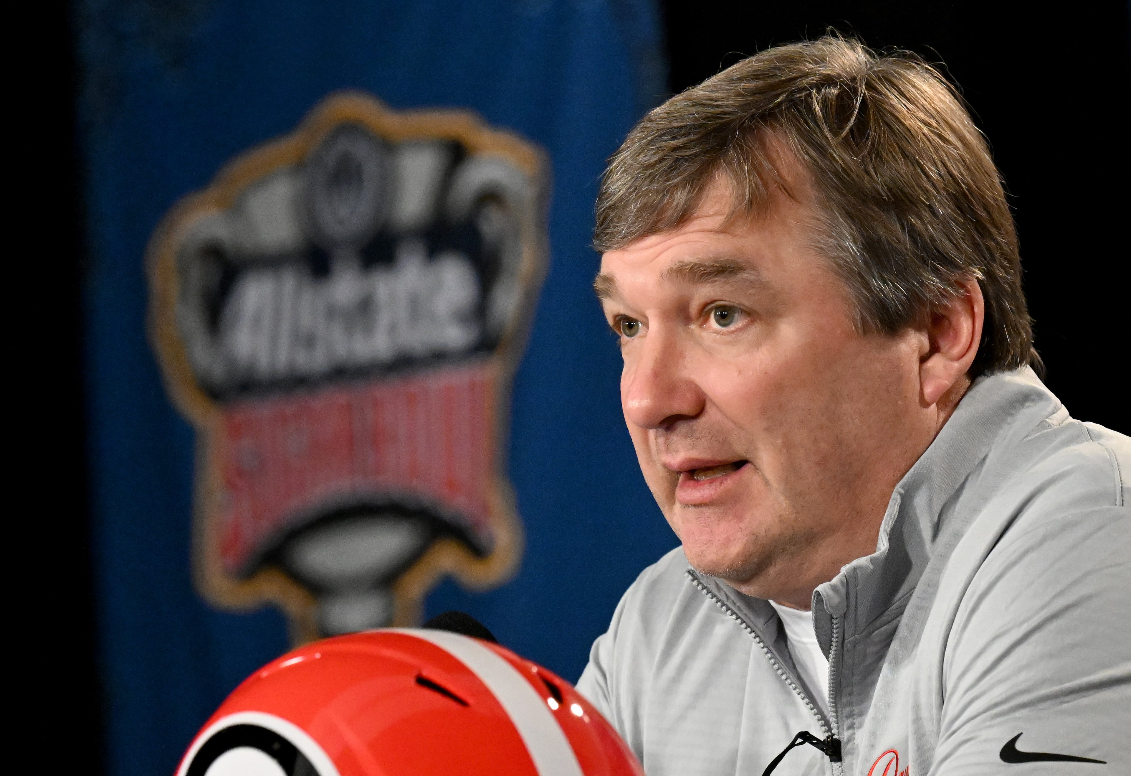 Georgia head coach Kirby Smart takes questions during Georgia media day for Sugar Bowl 2024, in New Orleans. (Hyosub Shin/AJC)