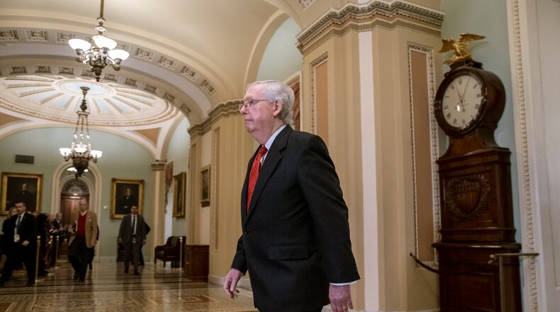 Senate Majority Leader Mitch McConnell, R-Ky., arrives at the Senate for the start of the impeachment trial of President Donald Trump on charges of abuse of power and obstruction of Congress, at the Capitol in Washington, Tuesday, Jan. 21, 2020. President Donald Trumpâs impeachment trial quickly burst into a partisan fight Tuesday as proceedings began unfolding at the Capitol. Democrats objected strongly to rules proposed by the Republican leader for compressed arguments and a speedy trial. (AP Photo/J. Scott Applewhite)