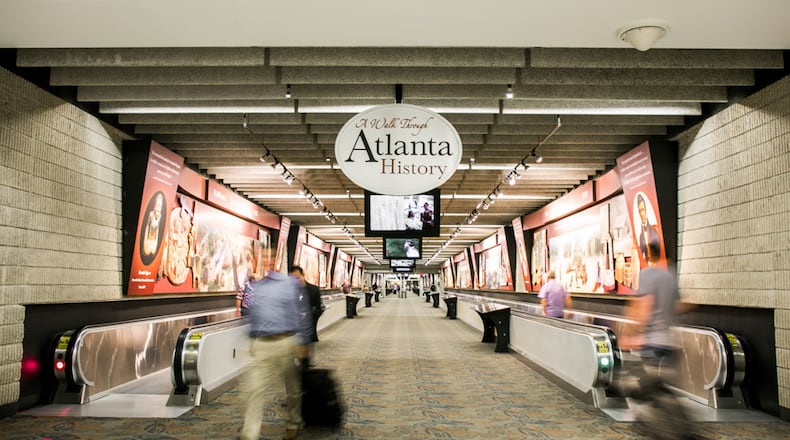 The transportation mall airport art exhibit “A Walk Through Atlanta History” between Concourses B and C at Hartsfield-Jackson.