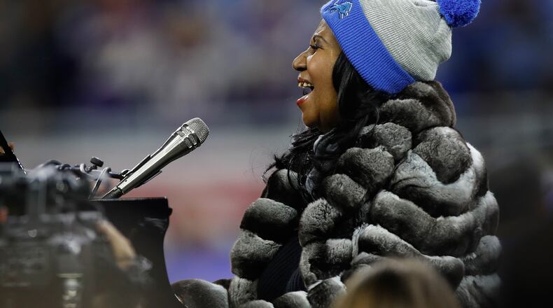DETROIT.MI - NOVEMBER 24: Detroit native Aretha Franklin sings the National Anthem prior to the start of the Detroit Lions and the Minnesota Vikings game at Ford Field on November 24, 2016 in Detroit, Michigan. (Photo by Gregory Shamus/Getty Images)