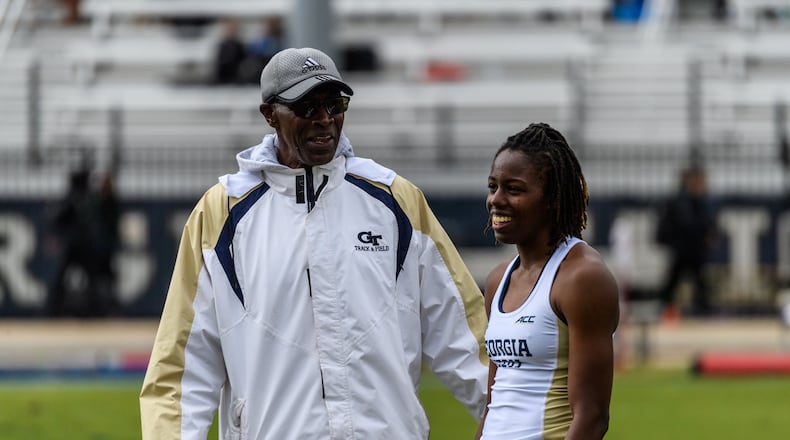 Georgia Tech assistant track and field coach Nat page with triple jumper Bria Matthews at the Georgia Tech Invitational April 20, 2019. (Danny Karnik/Georgia Tech Athletics)