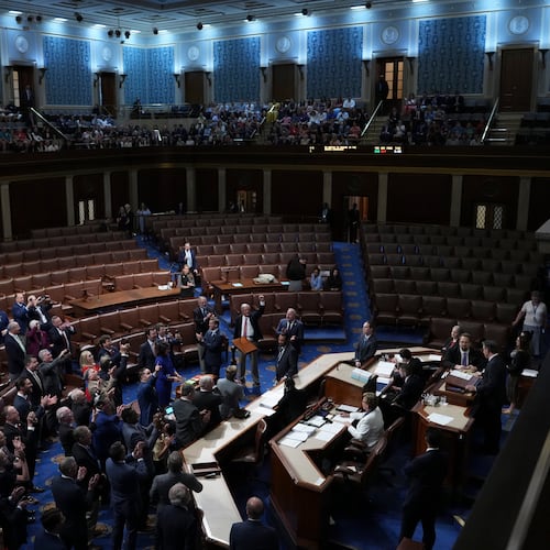Members celebrate as the House of Representatives passed President Trump’s domestic policy bill at the Capitol in Washington on Thursday, July 3, 2025. The House on Thursday narrowly passed a sweeping bill to extend tax cuts and slash social safety net programs, capping Republicans’ chaotic monthslong slog to overcome deep rifts within their party and deliver President Trump’s domestic agenda. (Eric Lee/The New York Times)