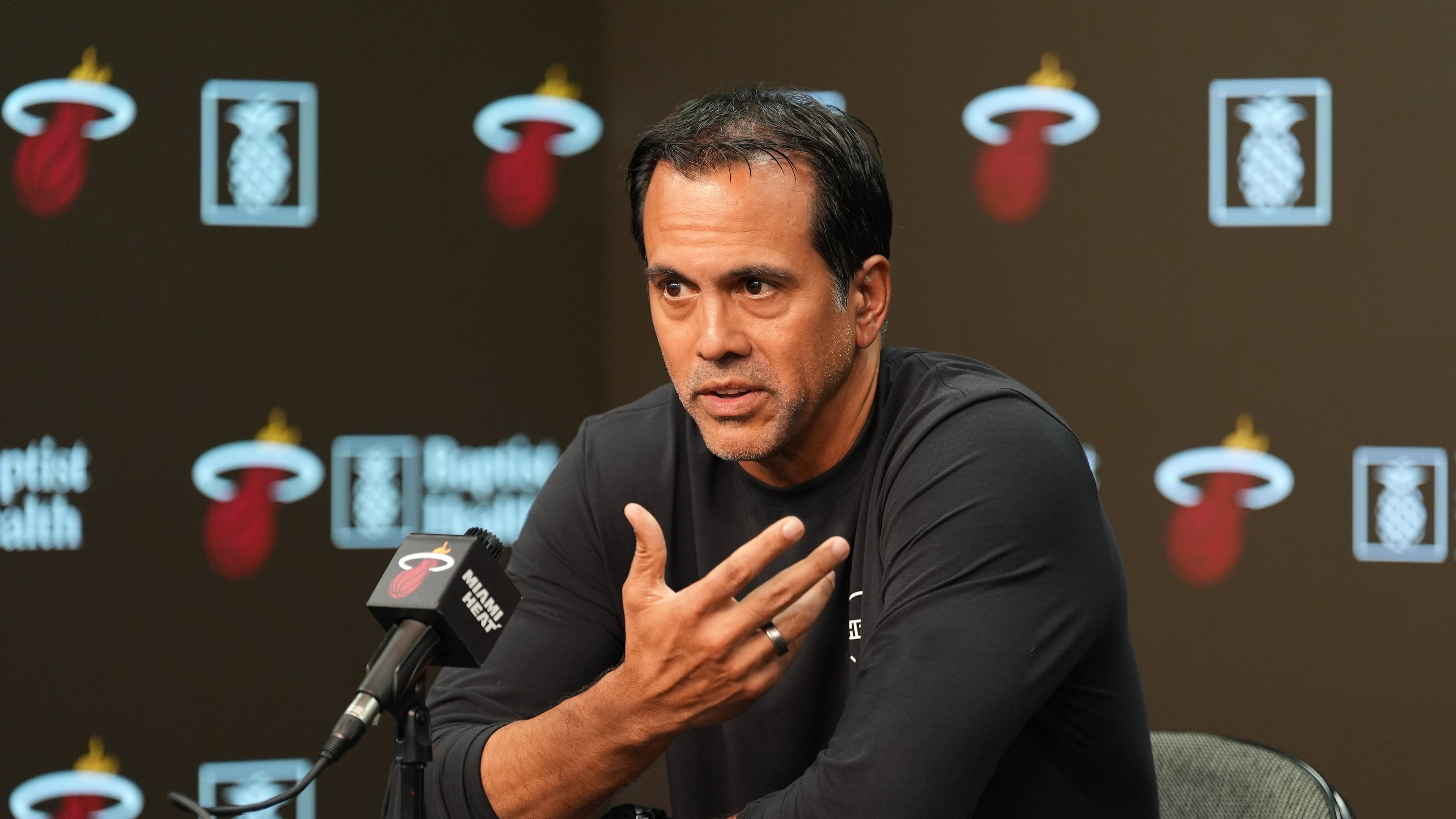 Miami Heat head coach Erik Spoelstra speaks to the media ahead of a preseason NBA basketball game against the Milwaukee Bucks, Monday, Oct. 6, 2025, in Miami. (AP Photo/Rebecca Blackwell)