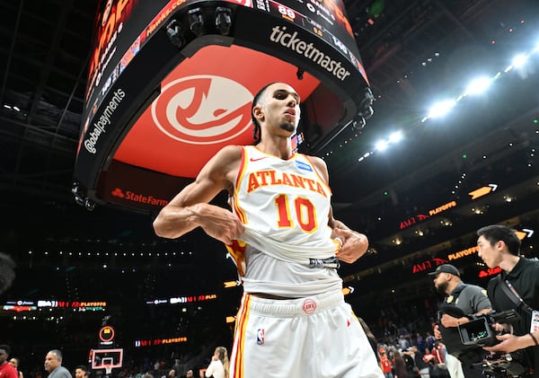 Atlanta Hawks forward Zaccharie Risacher leaves after the New York Knicks defeated the Atlanta Hawks during Game 6 of a first-round NBA playoff series at State Farm Arena on Thursday, April 30, 2026, in Atlanta. The New York Knicks won 140-89 over the Atlanta Hawks. (Hyosub Shin/AJC)