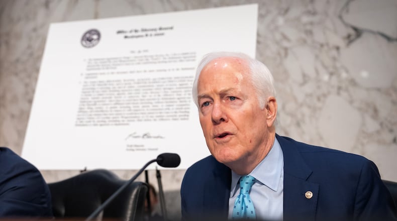Sen. John Cornyn, R-Texas, speaks during a hearing of the Senate Judiciary Committee with Acting Attorney General Todd Blanche on Capitol Hill in Washington, Wednesday, July 15, 2026. (AP Photo/Mark Schiefelbein)