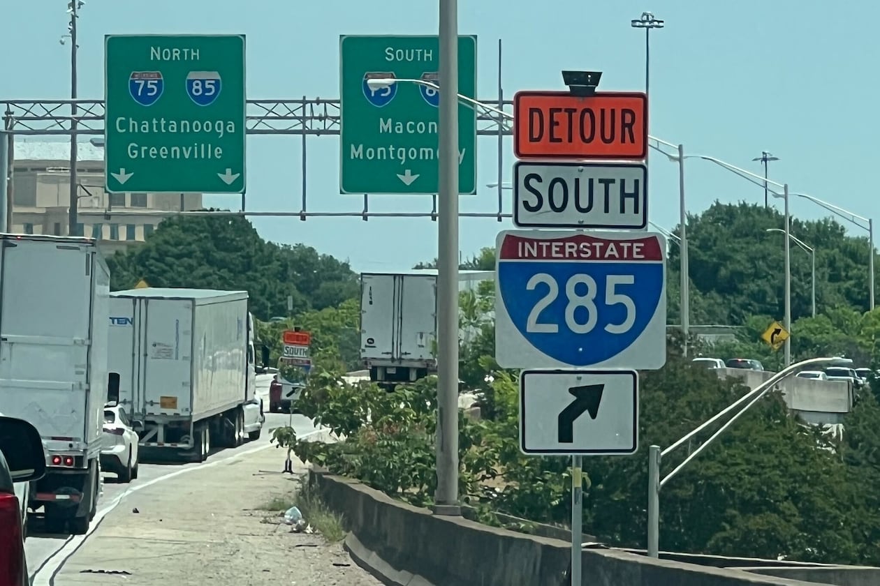 A detour sign directs I-20 eastbound traffic during the first weekend that a stretch of I-285 was closed for construction work on Saturday, May 16, 2026. (Cassidy Alexander/AJC)