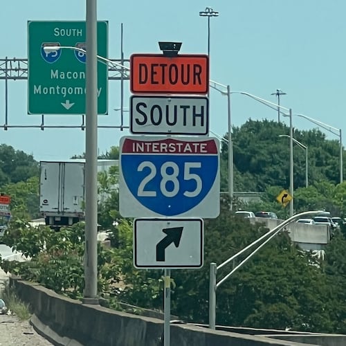 A detour sign directs I-20 eastbound traffic during the first weekend that a stretch of I-285 was closed for construction work on Saturday, May 16, 2026. (Cassidy Alexander/AJC)
