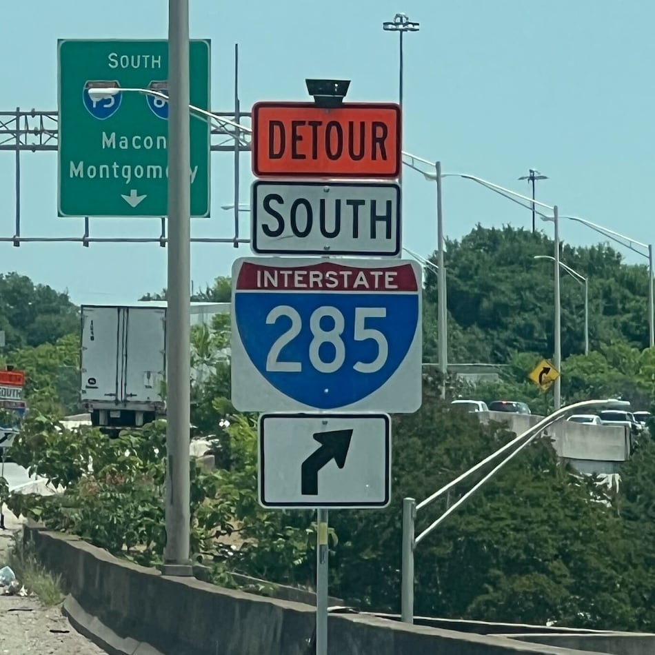 A detour sign directs I-20 eastbound traffic as motorists maneuver around an I-285 closure on Saturday, May 16, 2026. The GDOT is rebuilding the I-285 and I-20 interchanges on the east and west sides of Atlanta. (Cassidy Alexander/AJC)