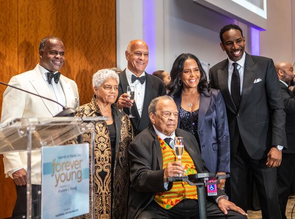 Andrew Young is honored at the “Forever Young” Legends Gala, hosted by National Jewish Health at the Woodruff Arts Center on Monday, May 12, 2025.  All living Atlanta Mayors honor Andrew Young, front center including Mayor Kasim Reed, from left, Shirley Franklin, Bill Campbell, Keisha Lance Bottoms and current Mayor Andre Dickens  (Jenni Girtman/Amanda Brown Olmstead PR )