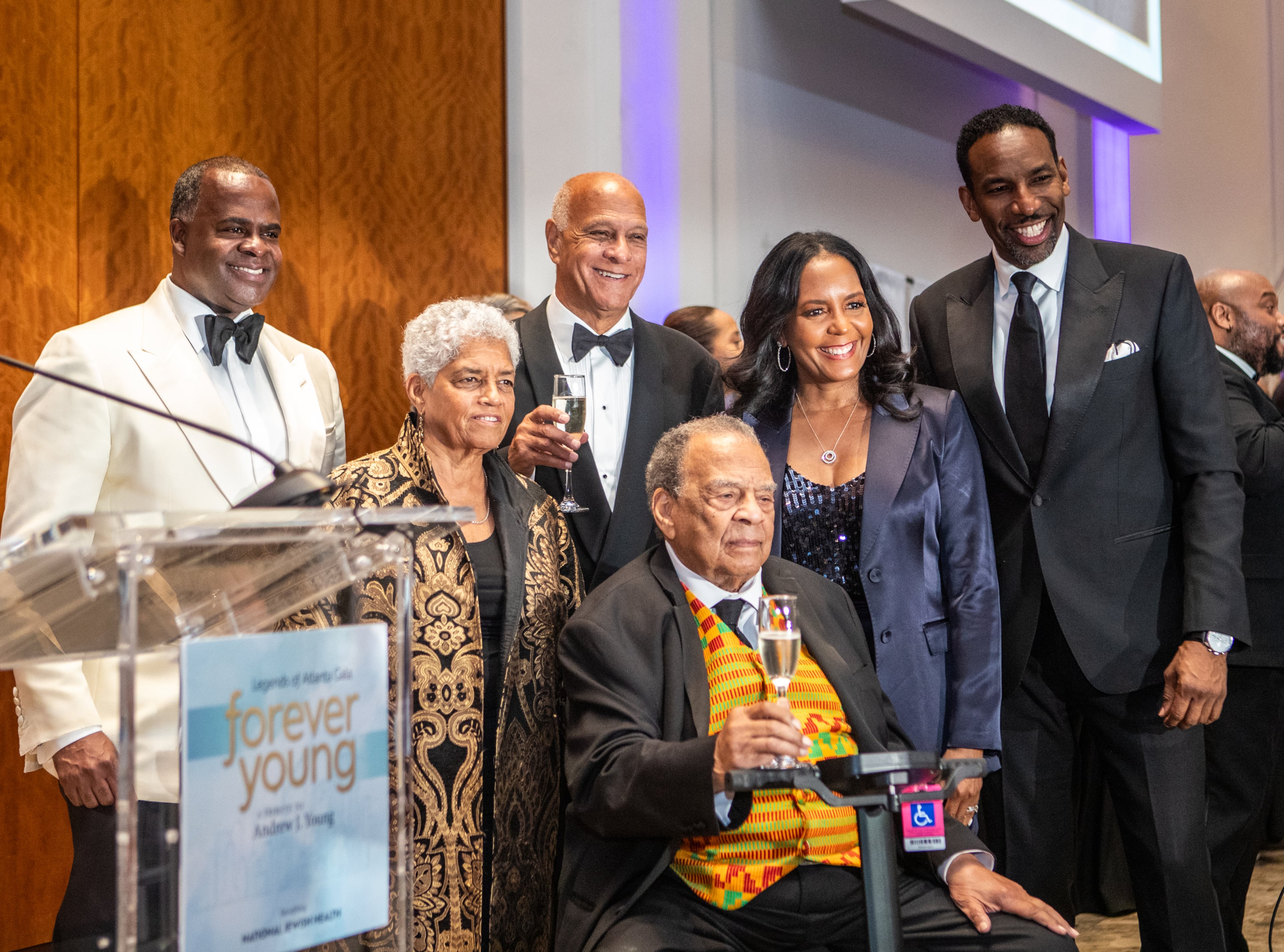 Andrew Young (center, seated) is honored at the “Forever Young” Legends Gala hosted by National Jewish Health in May. Atlanta mayors honoring Young were, from left, Kasim Reed, Shirley Franklin, Bill Campbell, Keisha Lance Bottoms and Andre Dickens, the city's current mayor. (Jenni Girtman/Amanda Brown Olmstead PR 2025)