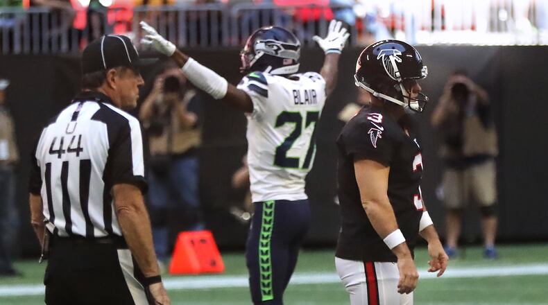 Atlanta Falcons kicker Matt Bryant and Seattle Seahawks safety Marquise Blair react as Bryant misses his second of two missed field goal attempts during the second half in an NFL football game on Sunday, October 27, 2019, in Atlanta. Curtis Compton/ccompton@ajc.com
