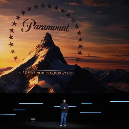FILE - David Ellison, CEO of Paramount Skydance, speaks during the Paramount Pictures presentation at CinemaCon on April 16, 2026, at Caesars Palace in Las Vegas. (AP Photo/Chris Pizzello, File)