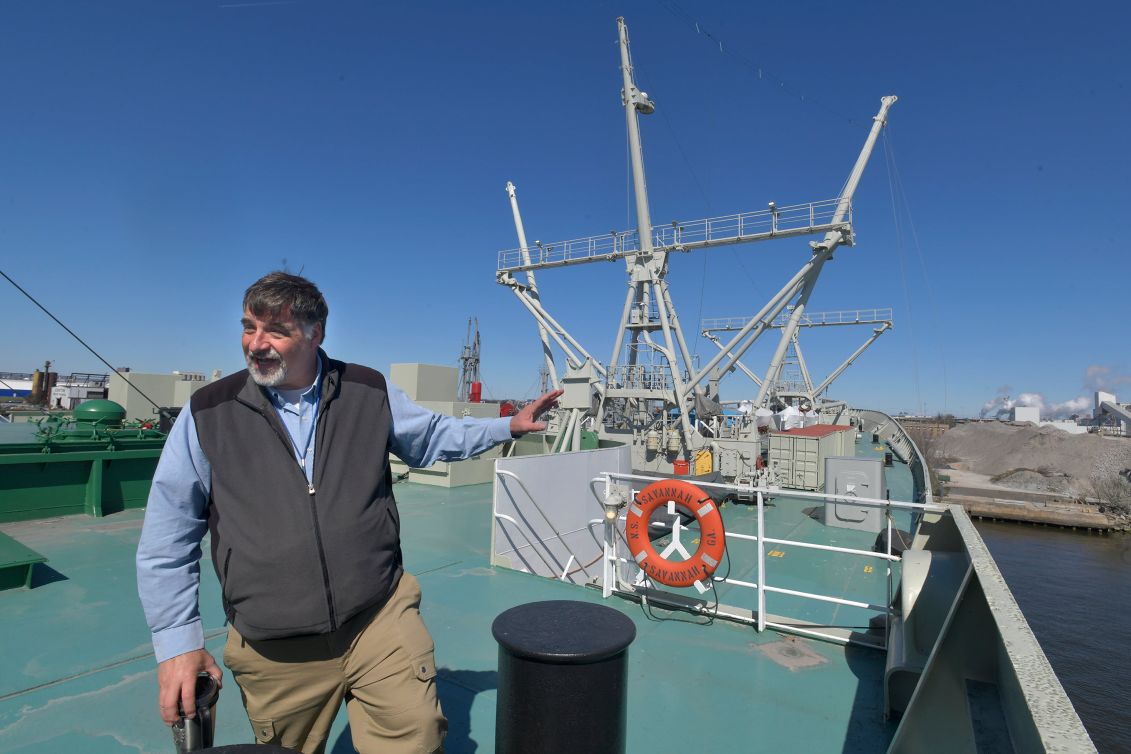 Erhard Koehler of the U.S. Maritime Administration has been working on the NS Savannah since 1993. Behind him is the foredeck, with trusses for the ship’s cargo gear. (Amy Davis/The Baltimore Sun 2024)