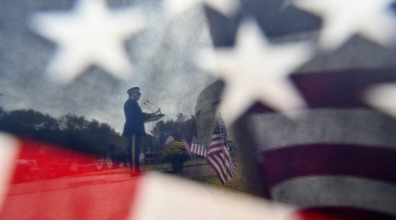 November 11, 2021 Atlanta - Colonel Richard White, retired US Army, delivers Veterans Day message during 2021 Veterans Day commemoration ceremony honoring the service and sacrifice of all our nation's veterans at Atlanta History Center on Thursday, November 11, 2021. Atlanta History Center's annual Veterans Day program honors the sacrifice of the women and men who served in the United States armed forces. (Hyosub Shin / Hyosub.Shin@ajc.com)