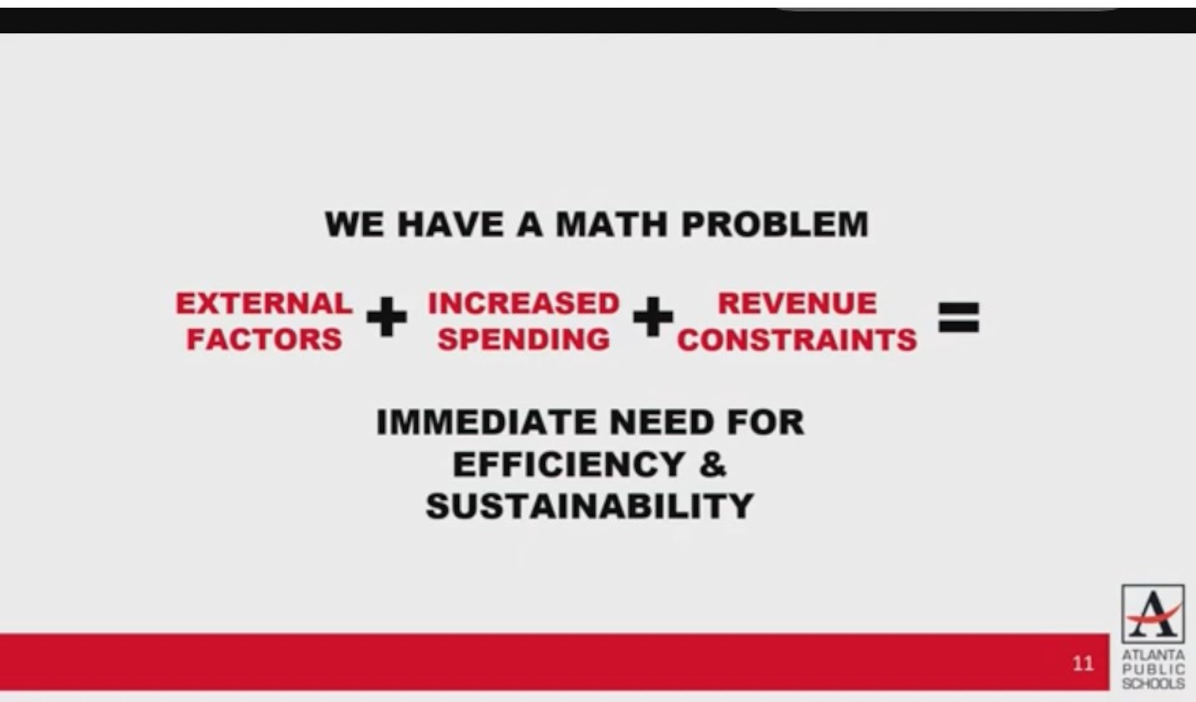 Atlanta Public schools Chief Financial Officer Lisa Bracken showed this slide to APS board members outlining the district's financial woes. (Courtesy of APS)