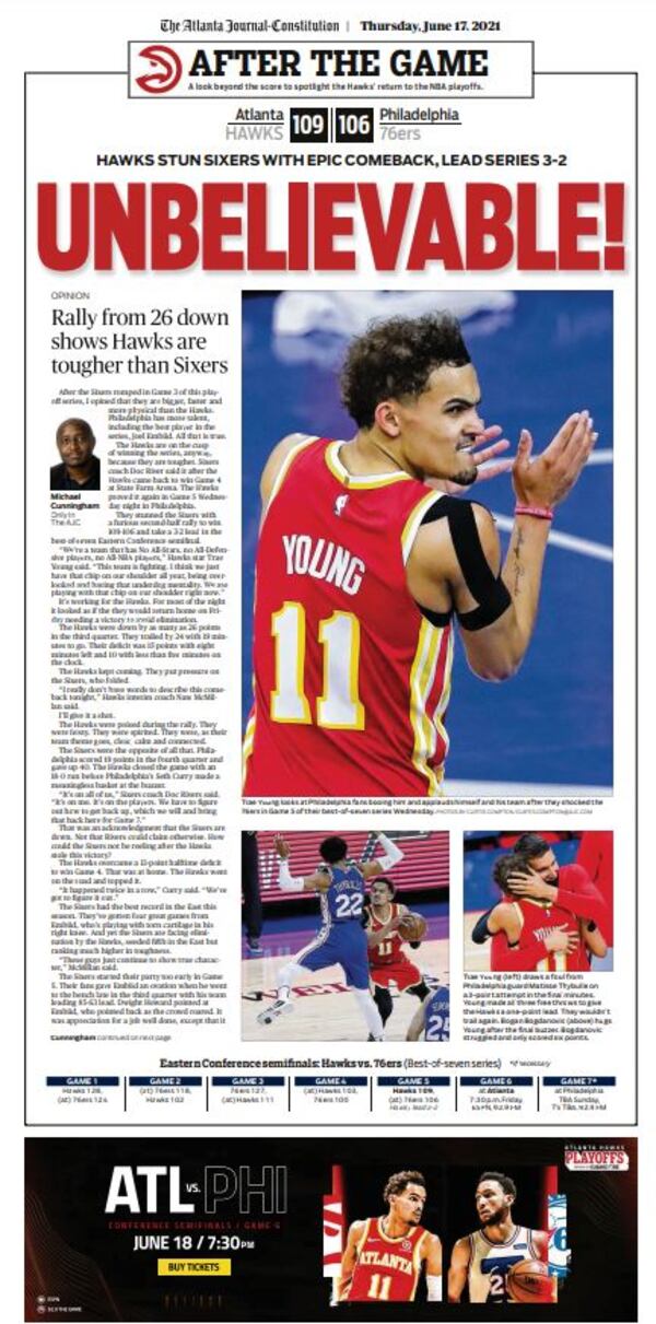 Atlanta Hawks edition in ePaper: Unbelievable! Thursday's paper