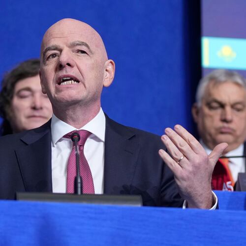 FIFA President Gianni Infantino speaks during a Board of Peace meeting at the U.S. Institute of Peace, Thursday, Feb. 19, 2026, in Washington. (AP Photo/Mark Schiefelbein)