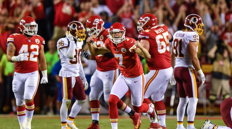 KANSAS CITY, MO - OCTOBER 2: Kicker Harrison Butker #7 of the Kansas City Chiefs turns and celebrates after kicking the go ahead field goal with eight seconds left during the game against the Washington Redskins at Arrowhead Stadium on October 2, 2017 in Kansas City, Missouri. (Photo by Peter Aiken/Getty Images)