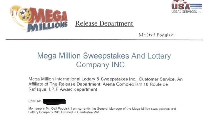 This is a portion of a fake letter being used in a Mega Millions Lottery scam. (Credit: FBI)