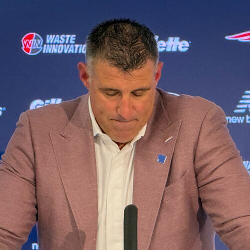 New England Patriots coach Mike Vrabel speaks at the team facility in Foxborough, Mass., prior to the start of the NFL football draft on Thursday, April 23, 2026. (AP Photo/Kyle Hightower)