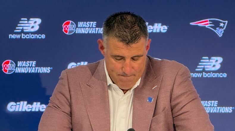 New England Patriots coach Mike Vrabel speaks at the team facility in Foxborough, Mass., prior to the start of the NFL football draft on Thursday, April 23, 2026. (AP Photo/Kyle Hightower)