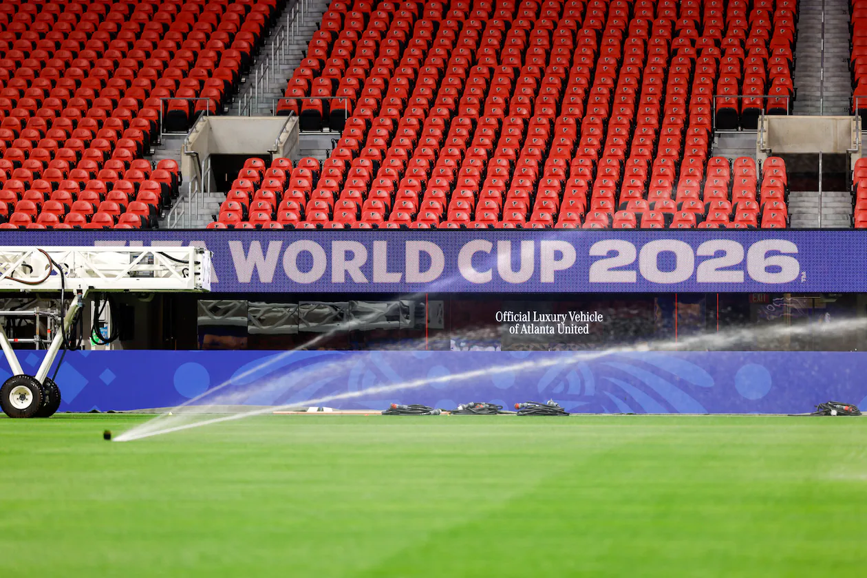 Newly installed grass for the FIFA World Cup is Kentucky bluegrass mixed with perennial ryegrass and artificial fibers stitched in. It came from a farm in Colorado. (Arvin Temkar/AJC)