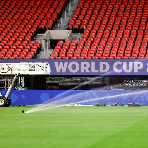 Newly installed grass for the FIFA World Cup is Kentucky bluegrass mixed with perennial ryegrass and artificial fibers stitched in. It came from a farm in Colorado. (Arvin Temkar/AJC)