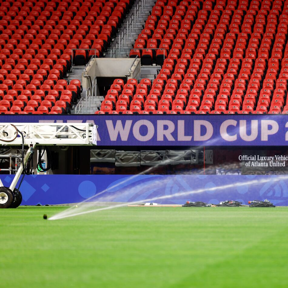 Newly installed grass for the FIFA World Cup is Kentucky bluegrass mixed with perennial ryegrass and artificial fibers stitched in. It came from a farm in Colorado. (Arvin Temkar/AJC)