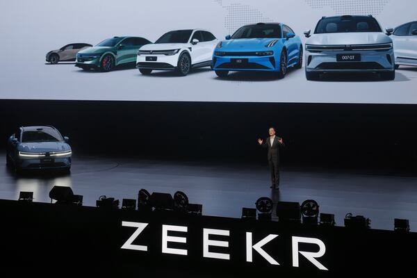 An Conghui, CEO of Zeekr speaks on stage after he unveiled the Zeekr new 007 GT car model, in Hangzhou in eastern China's Zhejiang province on April 15, 2025. (AP Photo/Andy Wong)