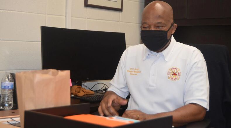 Dougherty County Emergency Management Director Cedric Scott and his staff, along with community officials and leaders, prepared all day Tuesday for the potential impact of Hurricane Ian. (Photo courtesy of Alan Mauldin)