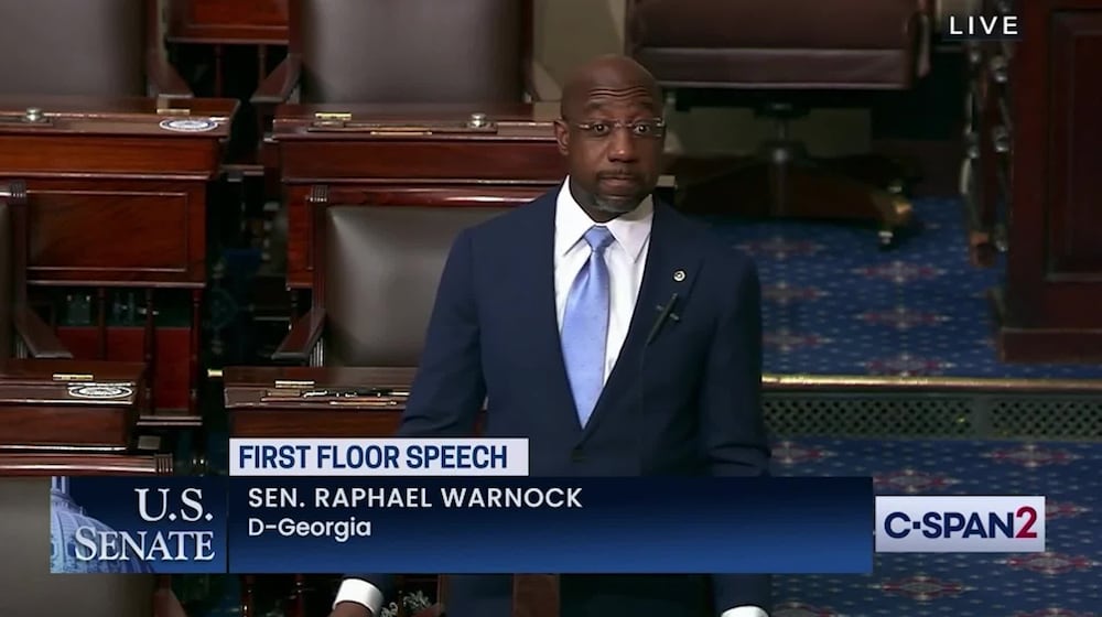 Georgia U.S. Sen. Raphael Warnock delivered his first speech on the Senate floor on Wednesday. He deviated from his prepared remarks, which were focused on implementing new laws to expand access to voting, to share thoughts about a series of shootings in Atlanta Tuesday night that left eight dead, including six Asian women.
