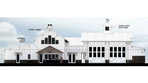 Artist's rendering depicts Milton's new Fire Station 42, a barn-like single-story facility with eight bunk rooms, back patio, open trusses, a fireplace in the middle of the main communal space, and 6,500 square feet.
