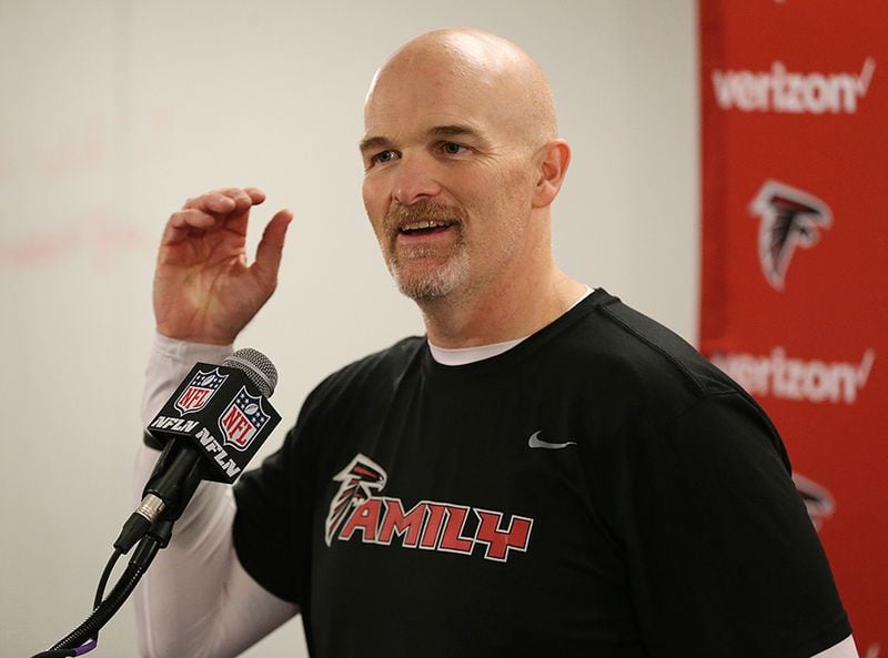 Falcons head coach Dan Quinn addresses the team's preparation for the Seahawks Wednesday, Jan. 11, 2017, in Flowery Branch.