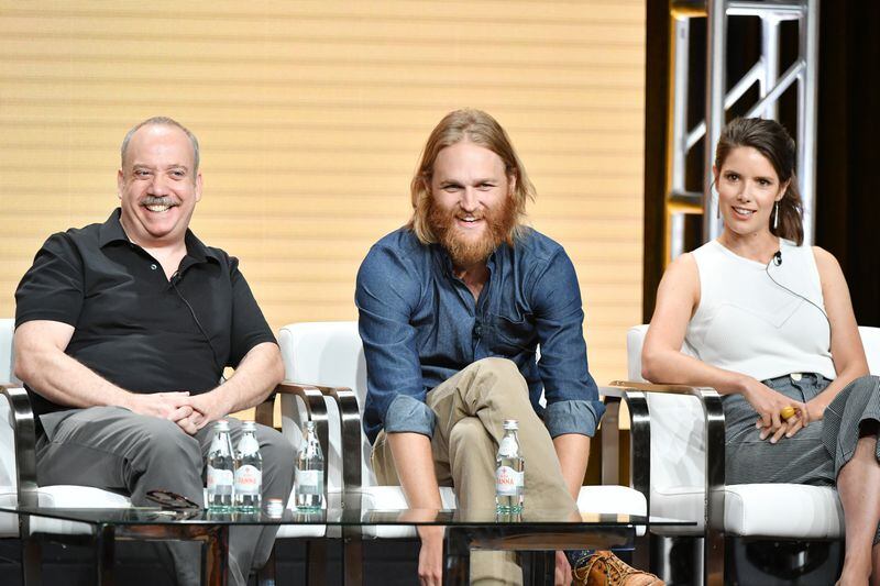 BEVERLY HILLS, CALIFORNIA - JULY 25: Paul Giamatti, Wyatt Russell and Sonya Cassidy of 'Lodge 49' speak during the AMC segment of the Summer 2019 Television Critics Association Press Tour 2019 at The Beverly Hilton Hotel on July 25, 2019 in Beverly Hills, California. (Photo by Amy Sussman/Getty Images)