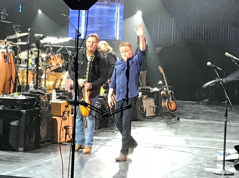  After a professional, hit-packed two hours and 15 minutes, Vince Gill and Don Henley walk off the stage at Philips Arena October 20, 2017. CREDIT: Rodney Ho/rho@ajc.com
