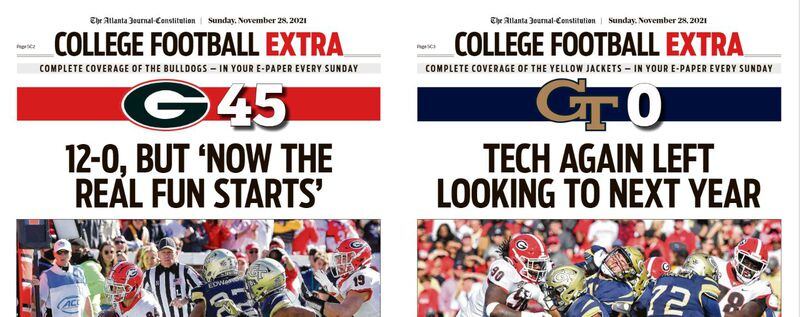 Full coverage of Georgia's win over Georgia Tech as part of the College Football Extra included in Sunday AJC ePaper