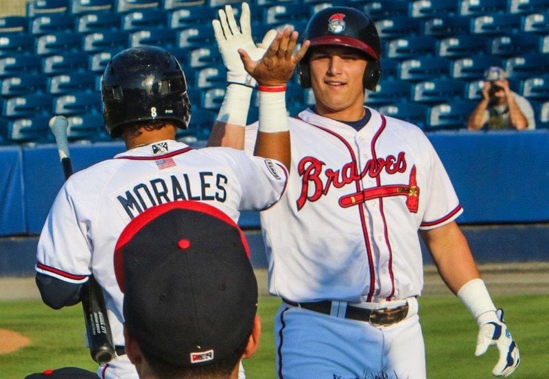 Austin Riley, pictured in a game last season at low Single-A Rome, is considered the best power-hitting prospect in the Braves organization. He was brought over from minor league camp as an extra for Saturday’s split-squad game against the Marlins and went 2-for-2 with a double. (Photo courtesy Rome Braves)