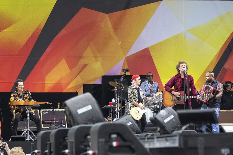 Ron Wood, left, Keith Richards, Steve Jordan, Mick Jagger and Dwayne Dopsie perform with the Rolling Stones during the New Orleans Jazz & Heritage Festival on Thursday, May 2nd, 2024, at the Fair Grounds Race Course in New Orleans. (Photo by Amy Harris/Invision/AP)