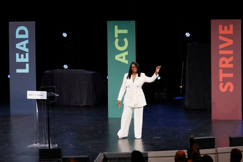 Gwinnett county chairwoman Nicole Love Hendrickson greets the crowd as she walks onto the stage at the 12Stone Church in Lawrenceville for her annual State of the County speech on Thursday, March 2, 2023.
Miguel Martinez /miguel.martinezjimenez@ajc.com