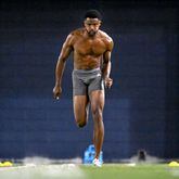 Georgia Tech defensive back Myles Sims runs the 40-yard dash during Georgia Tech Pro Day at Georgia Tech football's indoor practice facility, Friday, March 15, 2024, in Atlanta. (Hyosub Shin / Hyosub.Shin@ajc.com)