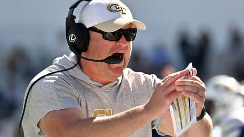 Georgia Tech head coach Brent Key shouts instructions during the second half of an NCAA college football game at Georgia Tech's Bobby Dodd Stadium, Saturday, Oct. 21, 2023, in Atlanta. Boston College won 38-23 over Georgia Tech. (Hyosub Shin / Hyosub.Shin@ajc.com)