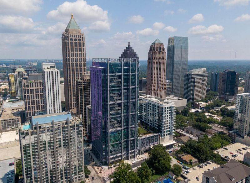 August 4, 2021 Atlanta - Aerial photo shows a mixed-use development (center), including an office tower where google will open a new office, at 1105 W Peachtree Street in Midtown on Wednesday, August 4, 2021.(Hyosub Shin / Hyosub.Shin@ajc.com)