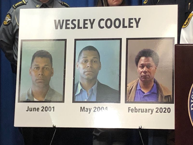 Wesley Cooley shown in various mugshots at Wednesday's news conference.