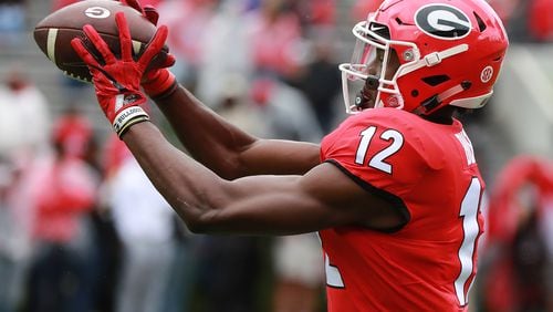 Georgia wide receiver Tommy Bush catches a pass during the annual G-Day football game on Saturday, April 20, 2019, in Athens.    Curtis Compton/ccompton@ajc.com