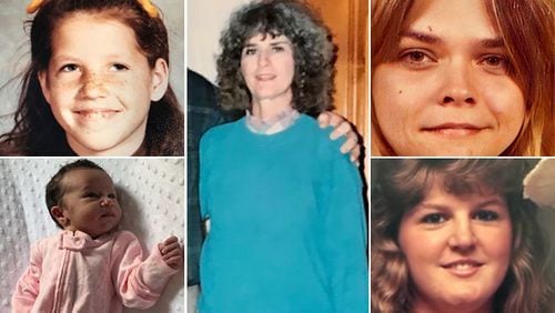 These are some of the victims in metro Atlanta cold cases who have been identified using forensic genetic genealogy: Debbie Lynn Randall (top left); Baby India (bottom left); Rebecca Burke (center); Marlene Standridge (top right); and Lorrie Ann Smith.
