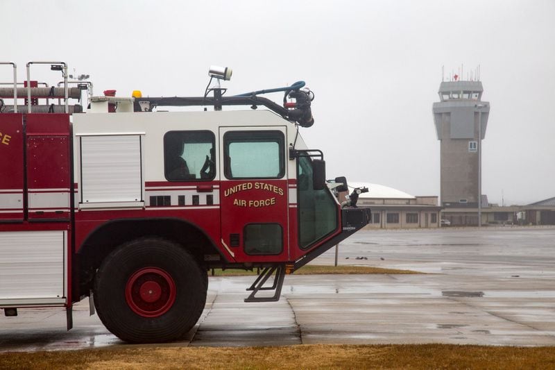 A firetruck is parked near the runway on Dobbins Air Reserve Base Friday, in Marietta, GA, November 14, 2018. STEVE SCHAEFER / SPECIAL TO THE AJC
